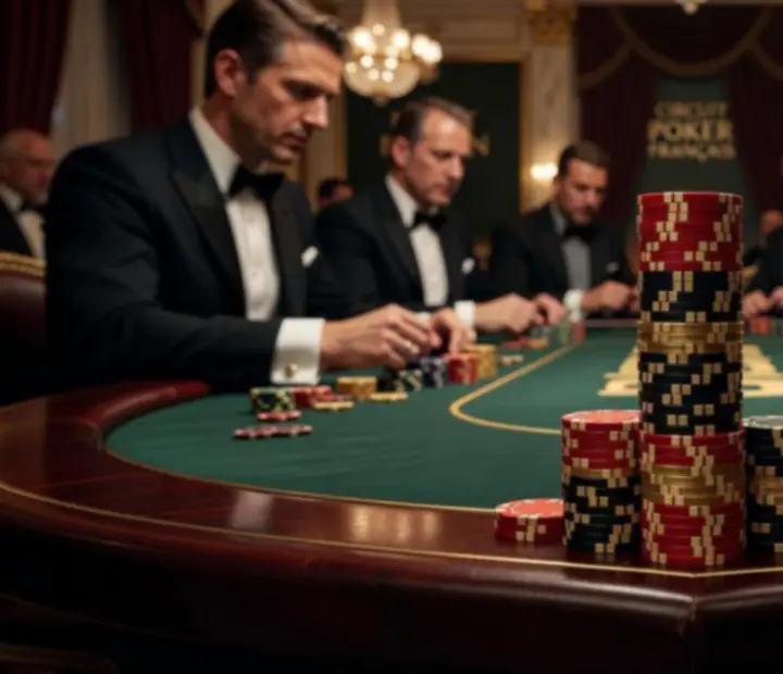 Jetons de poker empilés dans une grande arène de tournoi