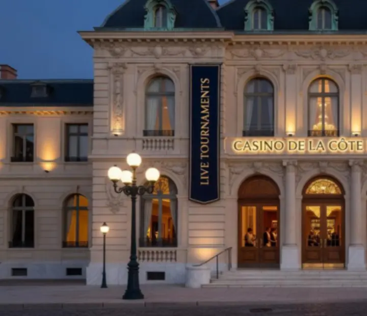 Façade illuminée d'un casino français connu pour ses tournois de poker