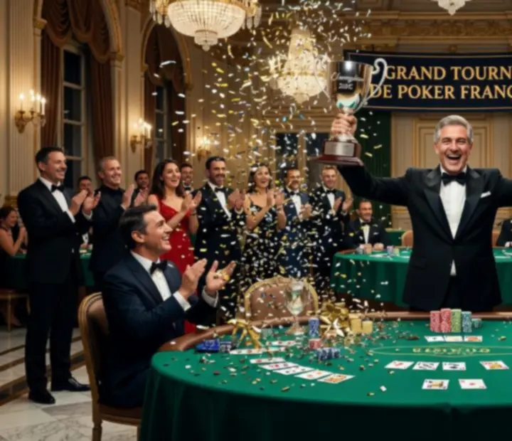 Vue d'ensemble d'une salle de tournoi de poker avec tables et joueurs concentrés