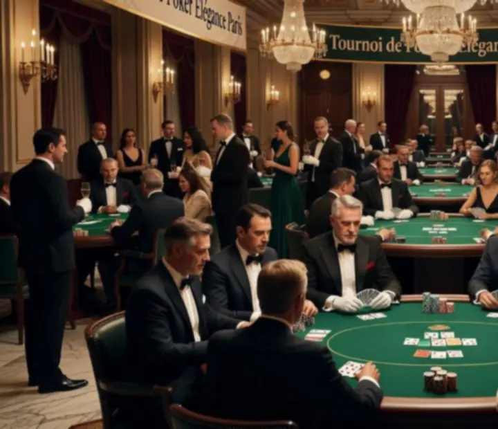 Salle de tournoi de poker live en France avec tables pleines et lumière cinématographique