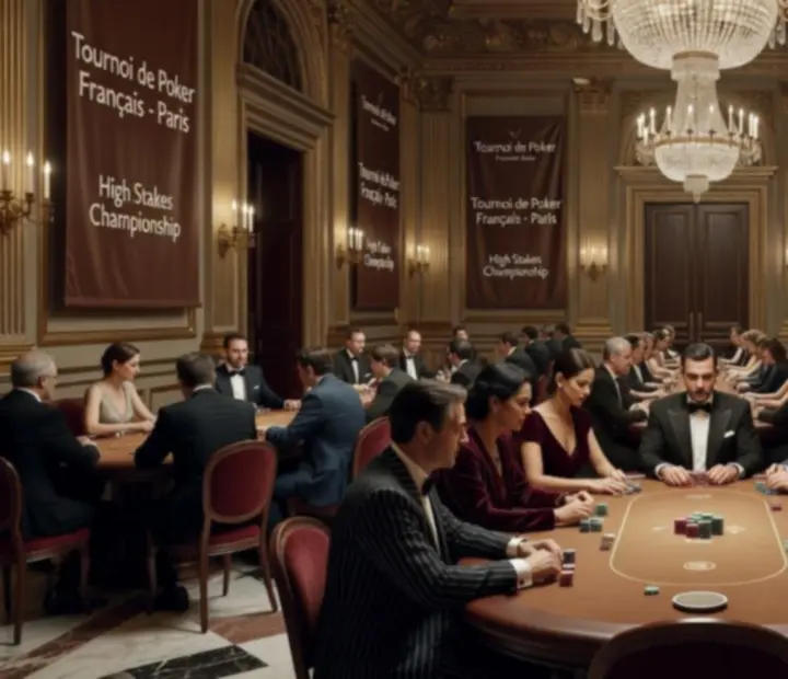 Vue cinématographique d'une salle de tournoi de poker en France