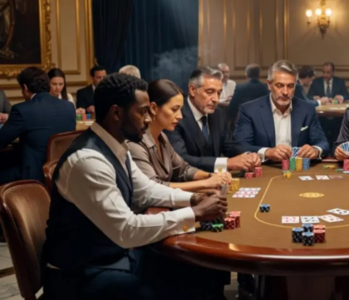 Ambiance cinématographique autour d'une table de poker en tournoi live