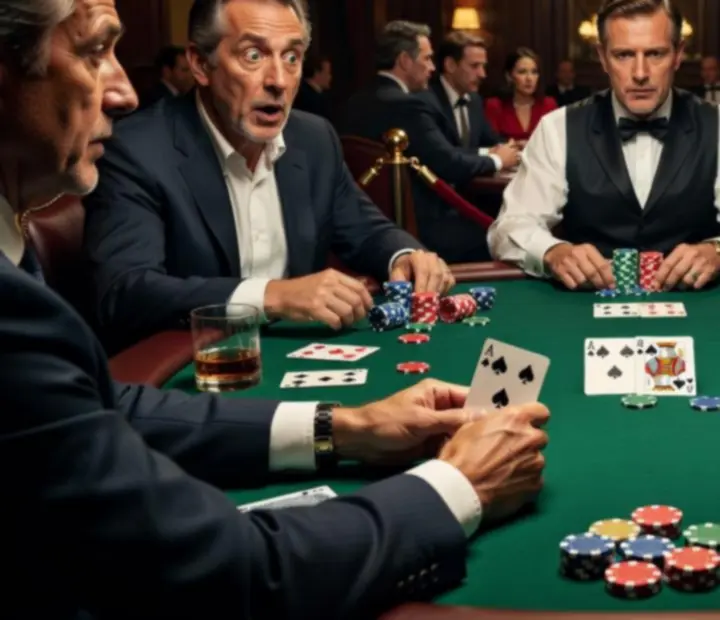 Main décisive de poker avec cartes révélées sur un tapis vert et jetons alignés