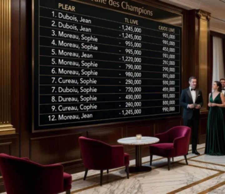 Salle de tournoi de poker avec tableau de classement lumineux