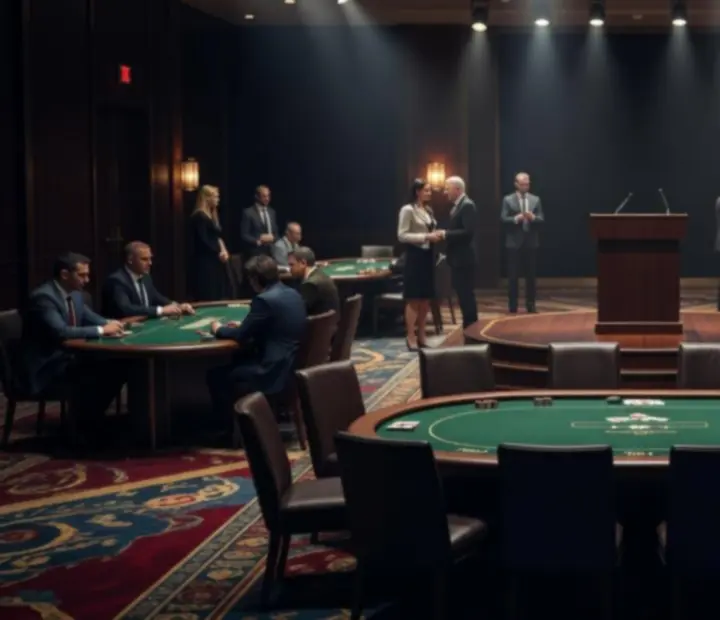 Podium d'un tournoi de poker live en France avec tapis, trophée et salle de tournoi cinématographique.