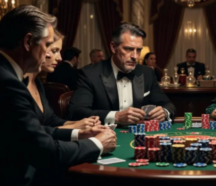 Table finale de poker avec joueurs concentrés et piles de jetons colorés