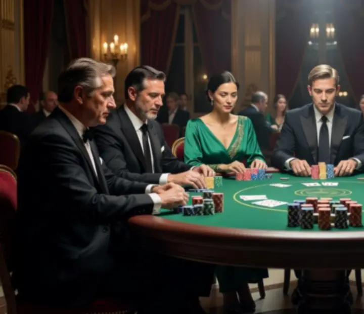 Vue cinématographique d'une table finale de poker live avec les derniers compétiteurs concentrés.